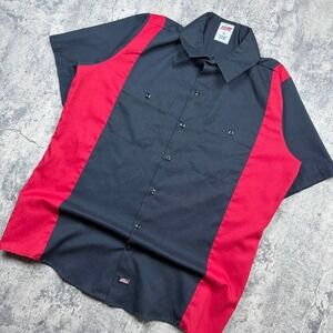 Dickies Work Button Up Shirt Mechanic Bowling Red & Black Size Large